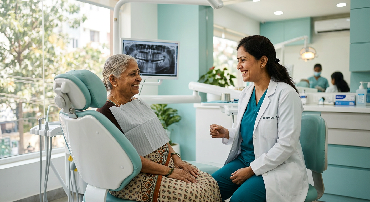 Friendly dentist talking with a relaxed patient in a bright, clean treatment room